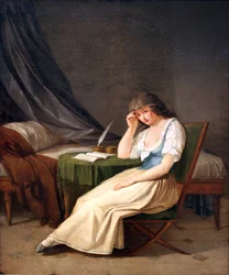 Junges Mädchen im Morgenkleid, nachsinnend an einem Tisch sitzend